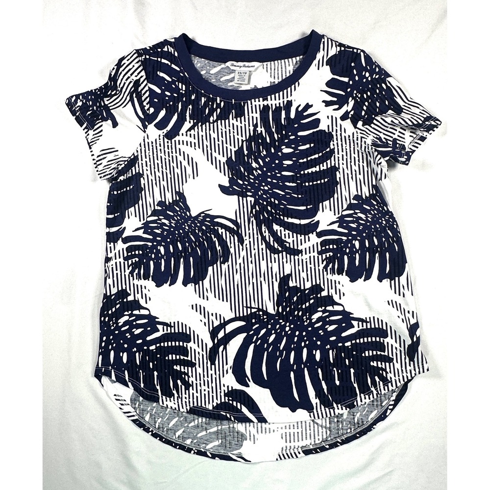Tommy Bahama Womens XS Navy Blue White Tropical Monstera Leaf Print T-Shirt Top